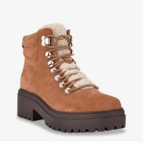 Marc Fisher Nairy Hiking Boots 8 Suede NWOT Tan Ankle Booties Combat Moto Sherpa - Picture 1 of 9